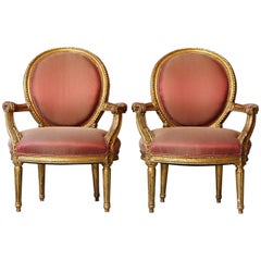 Pair of French Louis XVI Style Gilded Fauteuils