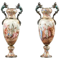 19th Century Pair of Small Vienna Enamel Vases, Austrian Work