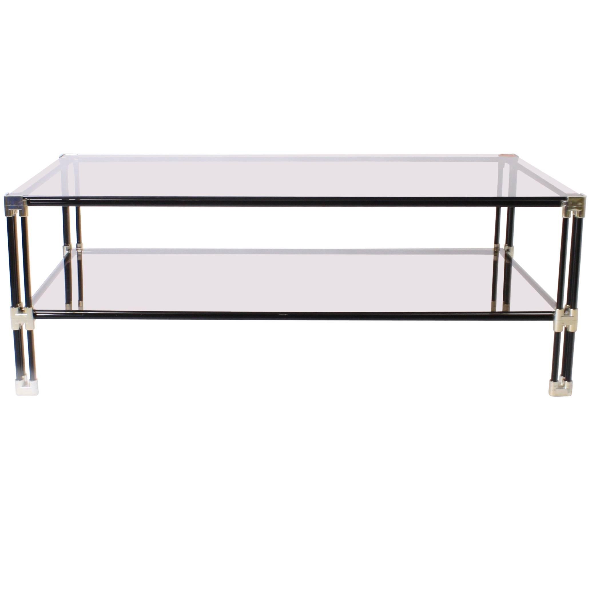 Silver Plated and Black Metal Coffee Table with Glass Tops, circa 1950