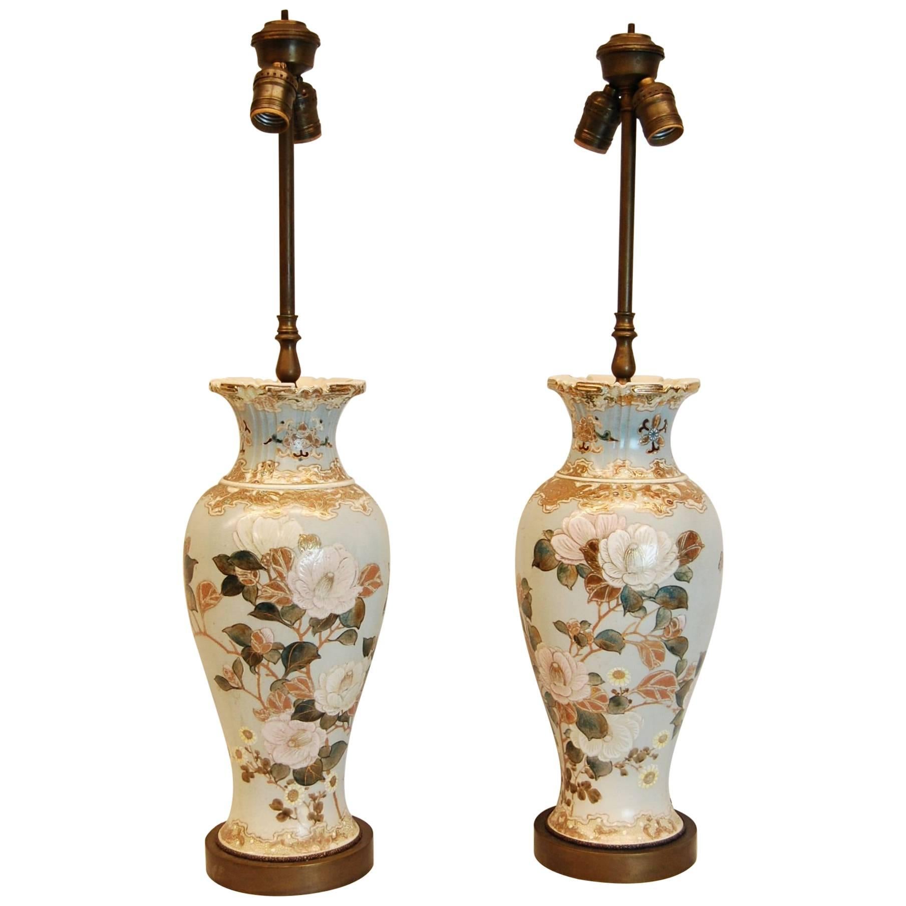 Pair of Floral and Gold Decorated Porcelain Vases Wired as Lamps, circa 1900