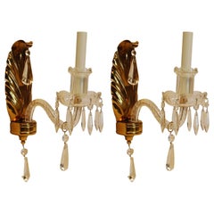 Pair of Single Arm Wall Sconces with Brass Feather Backplates and Crystal Arms