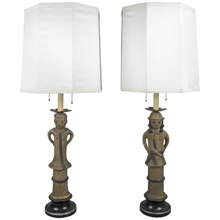 Pair of Antique Japanese Samurai Pottery Lamps For Sale at 1stdibs