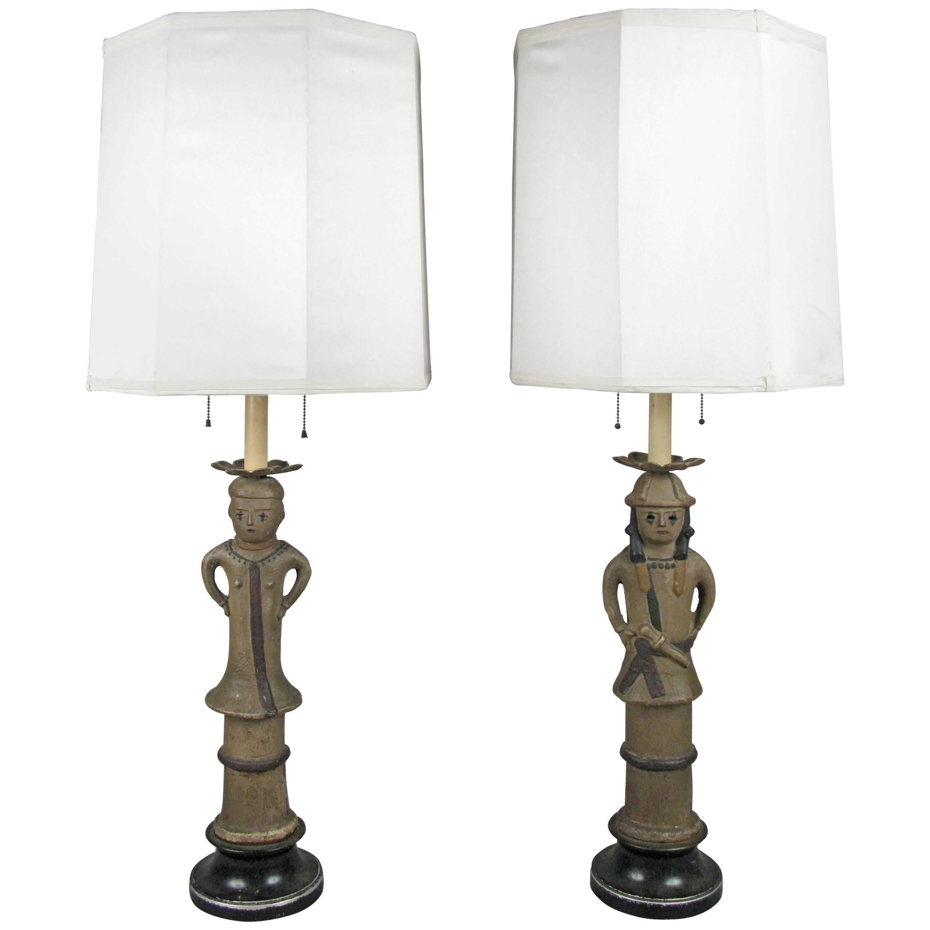 Pair of Antique Japanese Samurai Pottery Lamps