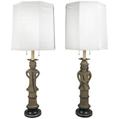 Pair of Antique Japanese Samurai Pottery Lamps 10