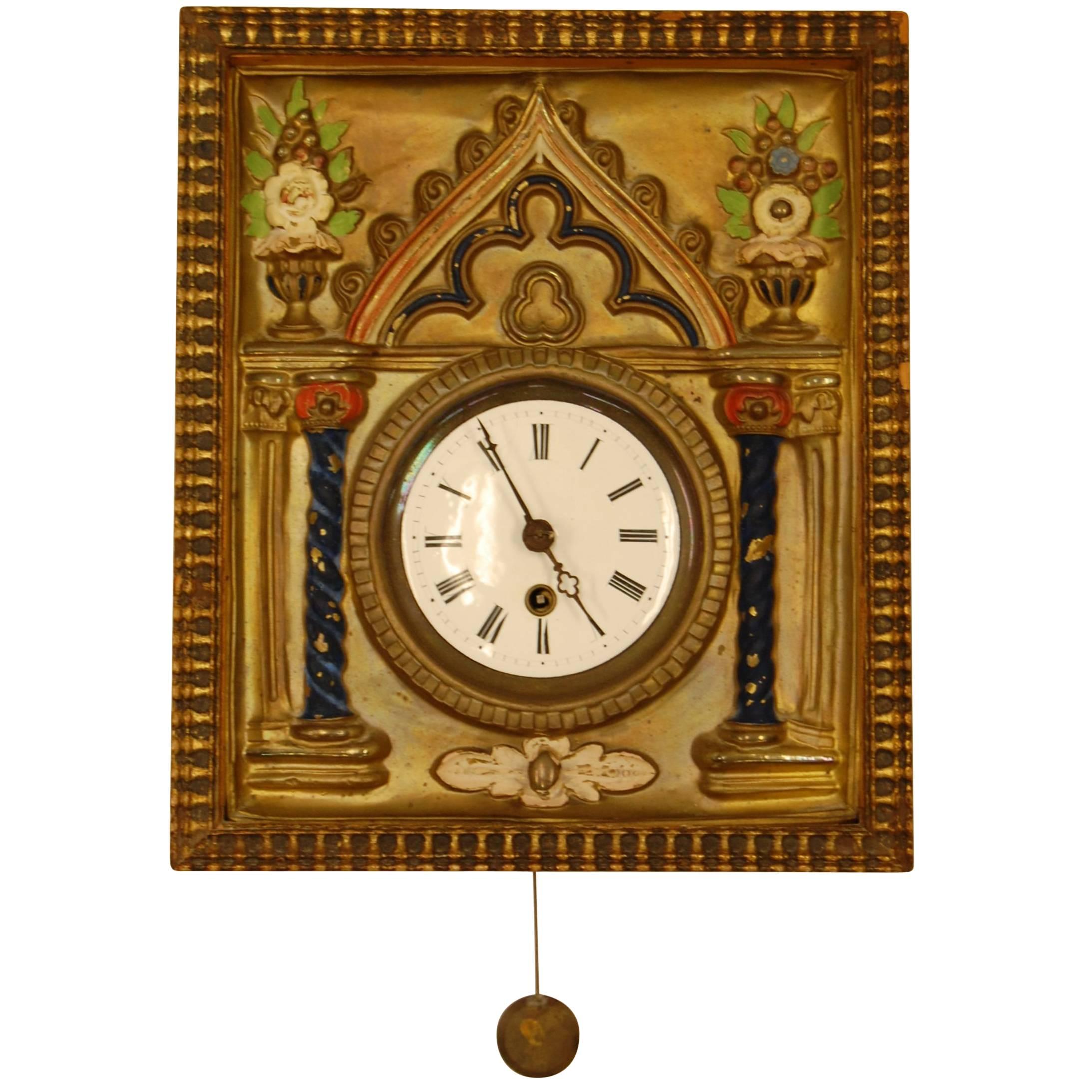 Brass Repousse and Enamel Wag-on-wall Clock with Enameled Dial, circa 1865 For Sale