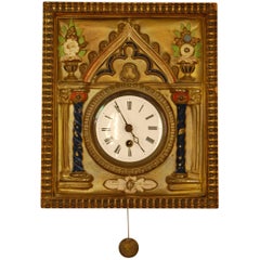 Brass Repousse and Enamel Wag-on-wall Clock with Enameled Dial, circa 1865