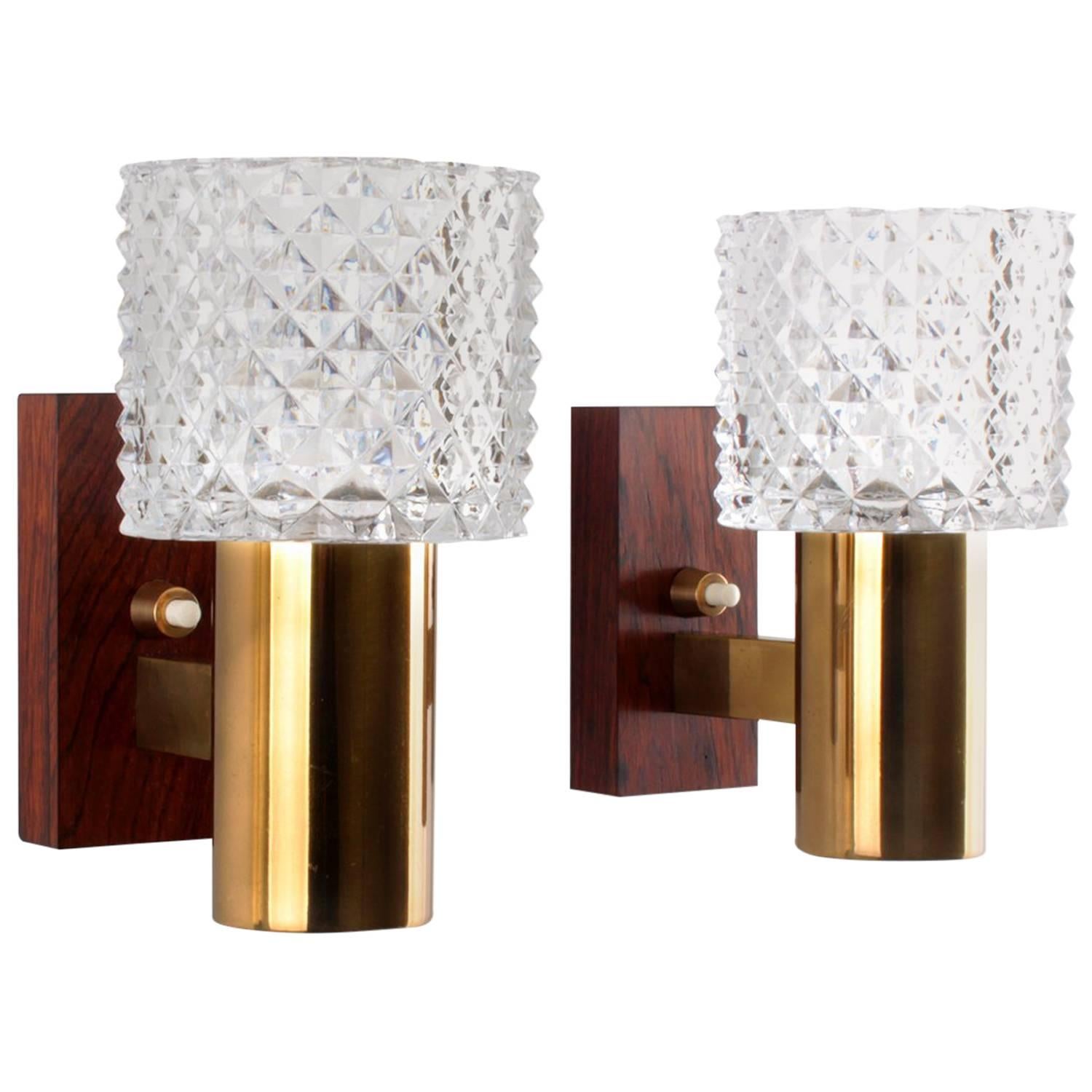 Crystal Glass and Rosewood Pair of Wall Sconces, 1960s Danish Lighting Design