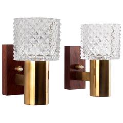 Crystal Glass and Rosewood Pair of Wall Sconces, 1960s Danish Lighting Design