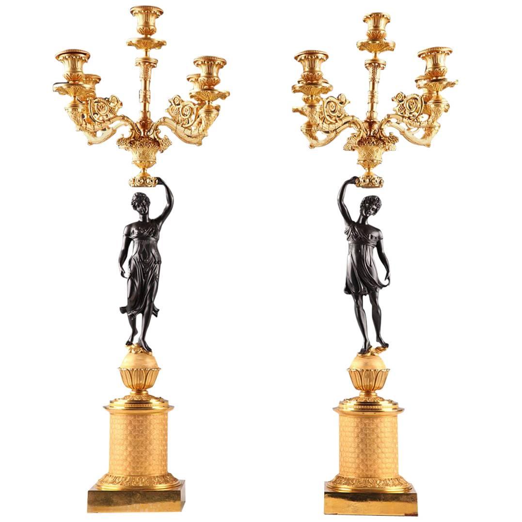 19th Century Pair of Charles X Candelabra in Gilded and Patinated Bronze