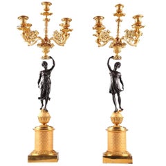 19th Century Pair of Charles X Candelabra in Gilded and Patinated Bronze