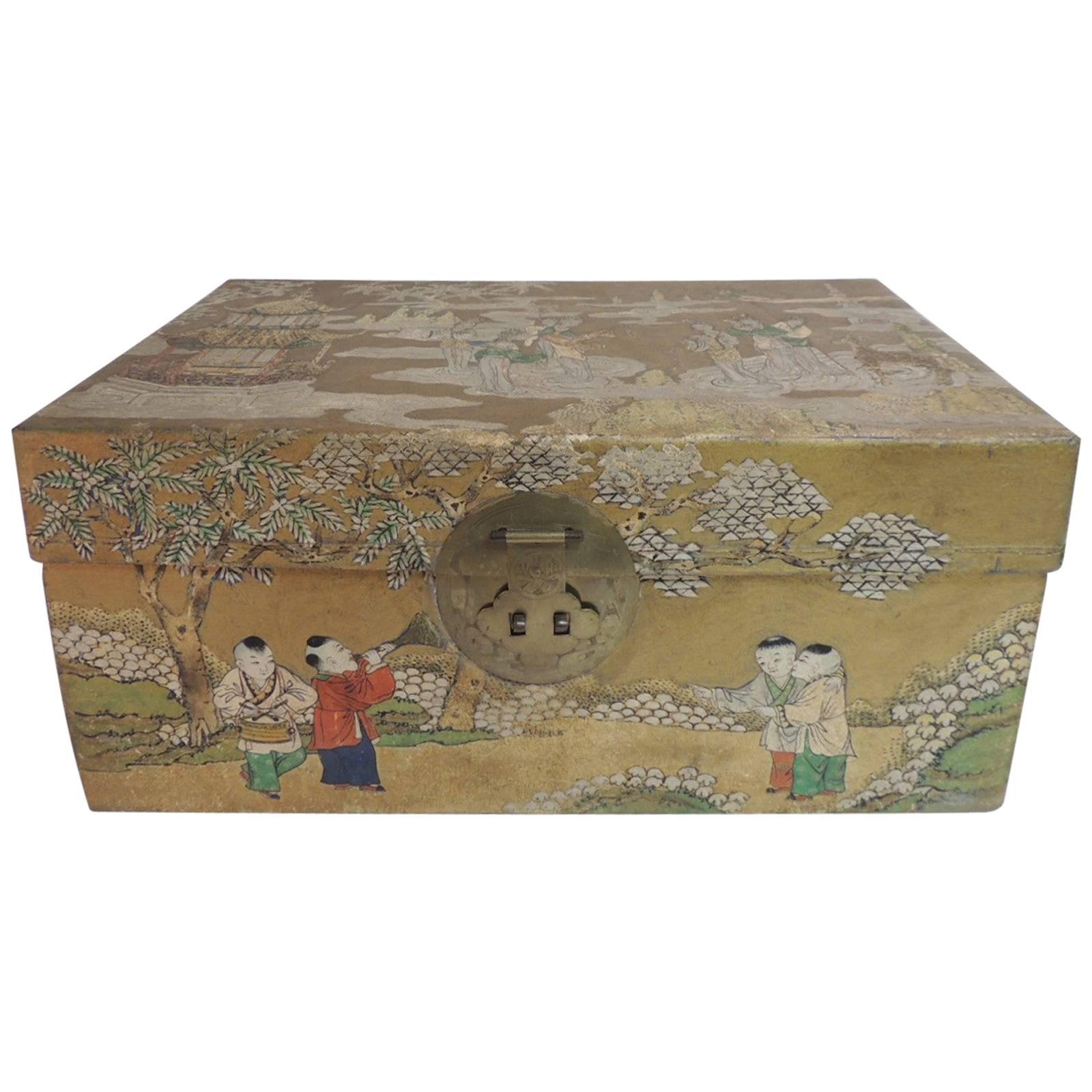 Asian Leather Painted Sewing Box with Brass Handles