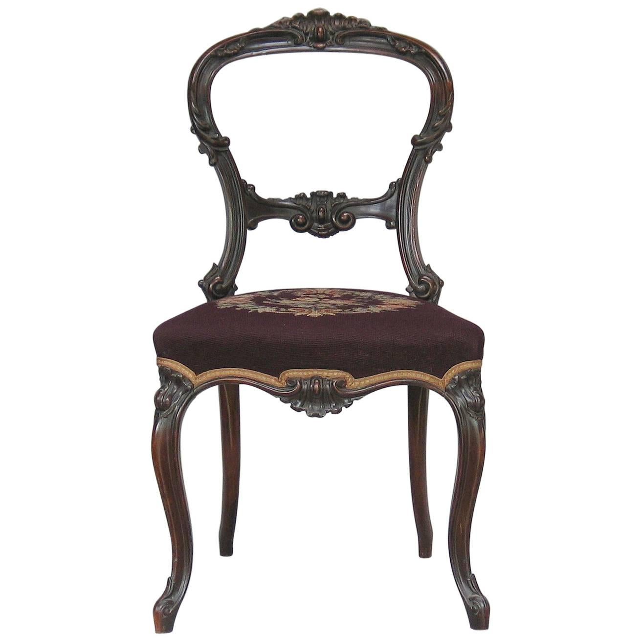 Mid-Victorian Rocco Revival Rosewood Side Chair with Needlepoint Upholstery