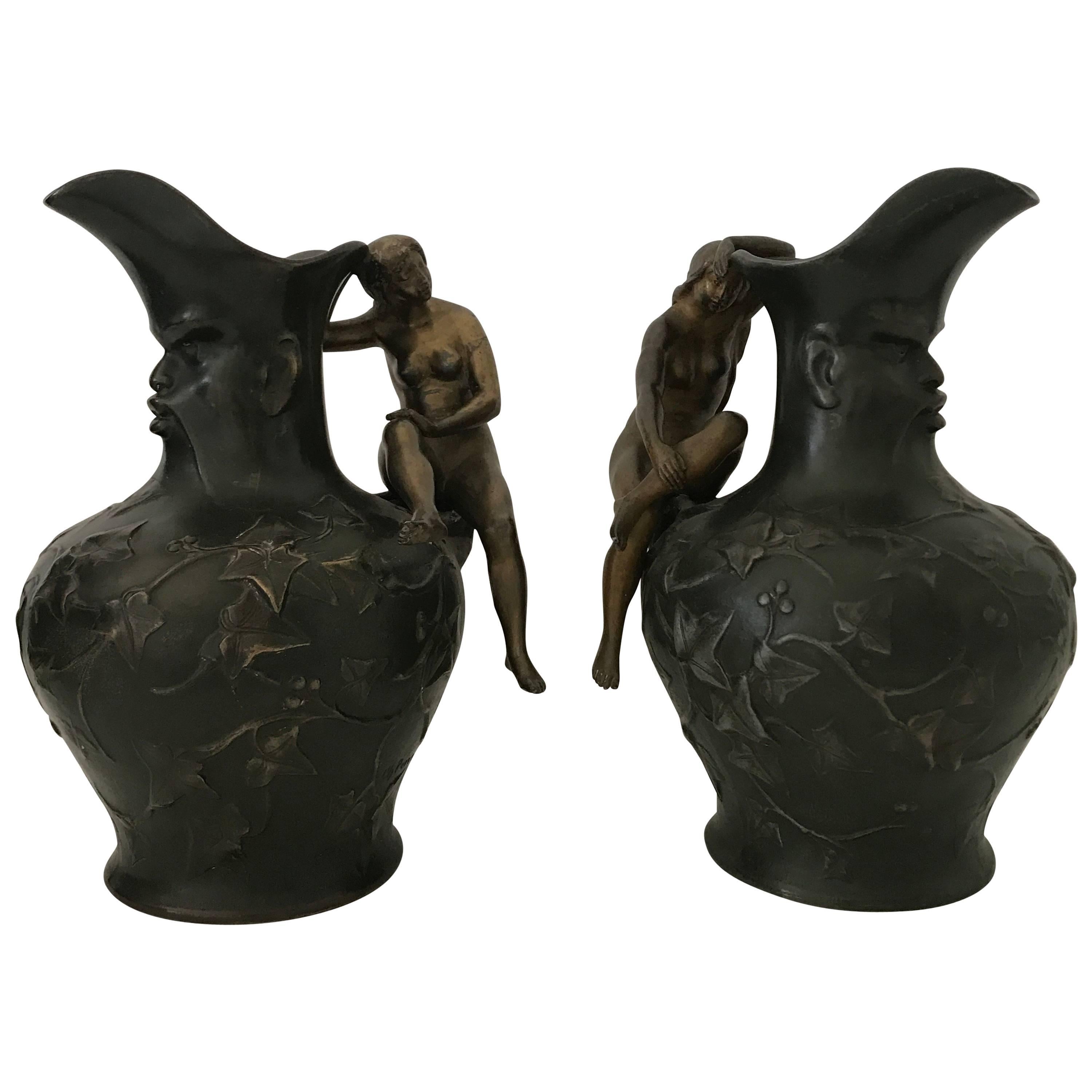 Late 19th Century Bronze Patinated Pewter Pitchers Charles Theodore Perron For Sale