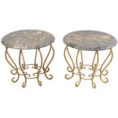 Pair of "Spider" Italian Hollywood Regency Gold Gilt Rope Marble-Top Side Tables 5