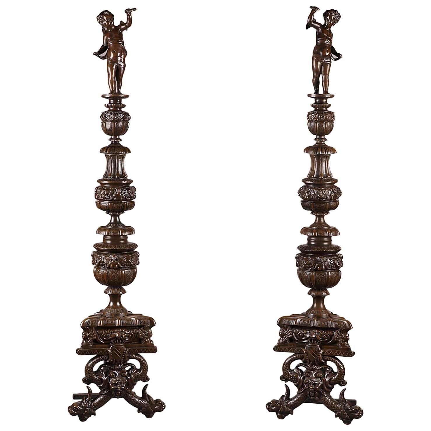 19th Century Pair of Napoleon III Andirons in Patinated Bronze