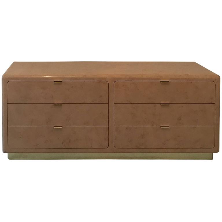 Vintage Modern Faux Goatskin and Brass Custom Made Bedroom Dresser at
