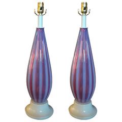 Pair of Opalescent Murano Glass Lamps Possibly by Seguso 7