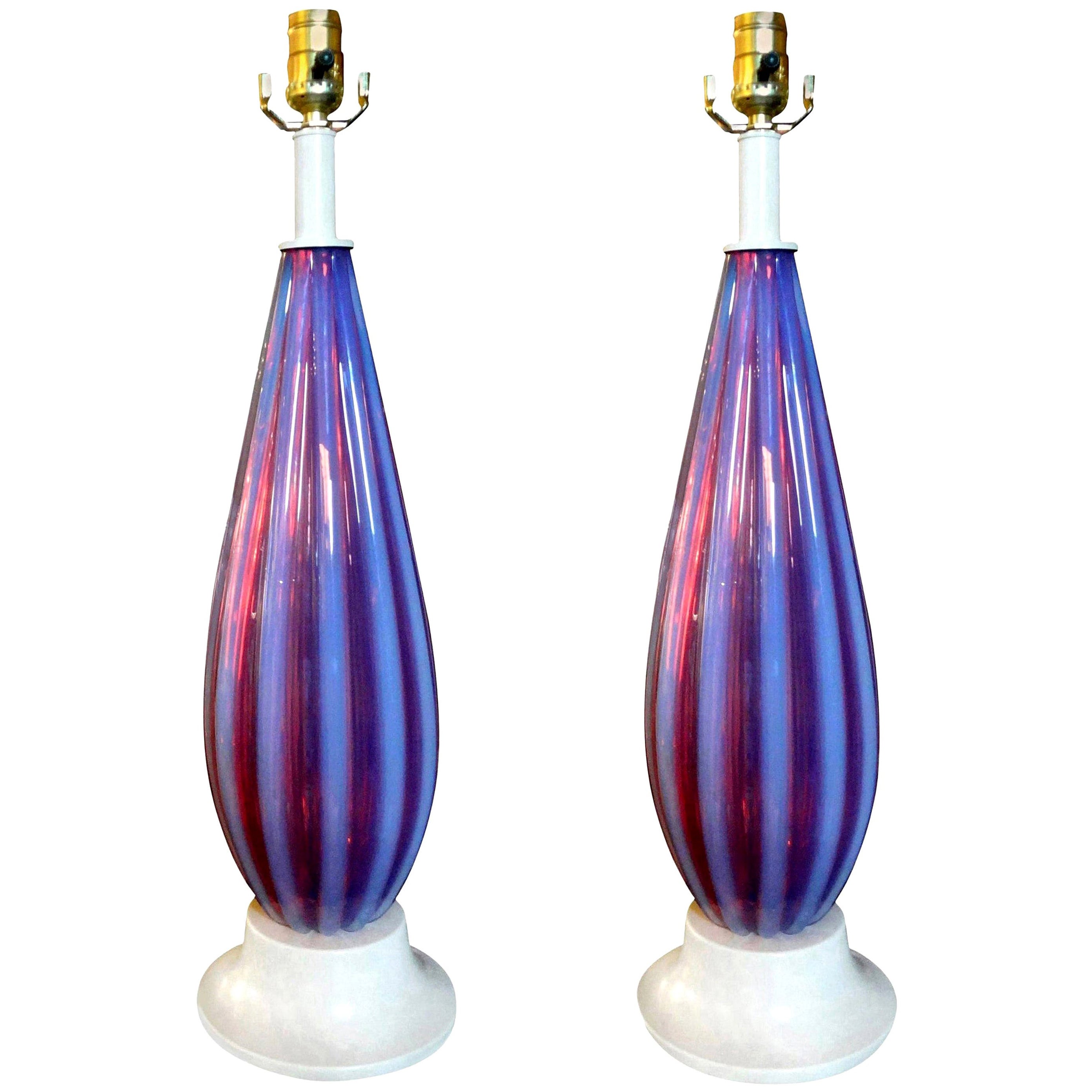 Pair of Opalescent Murano Glass Lamps Attributed to Seguso
