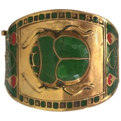 Vintage Egyptian Revival Brass or Enamel Scarab Cuff Bracelet