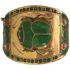 Egyptian Revival Brass or Enamel Scarab Cuff Bracelet 7
