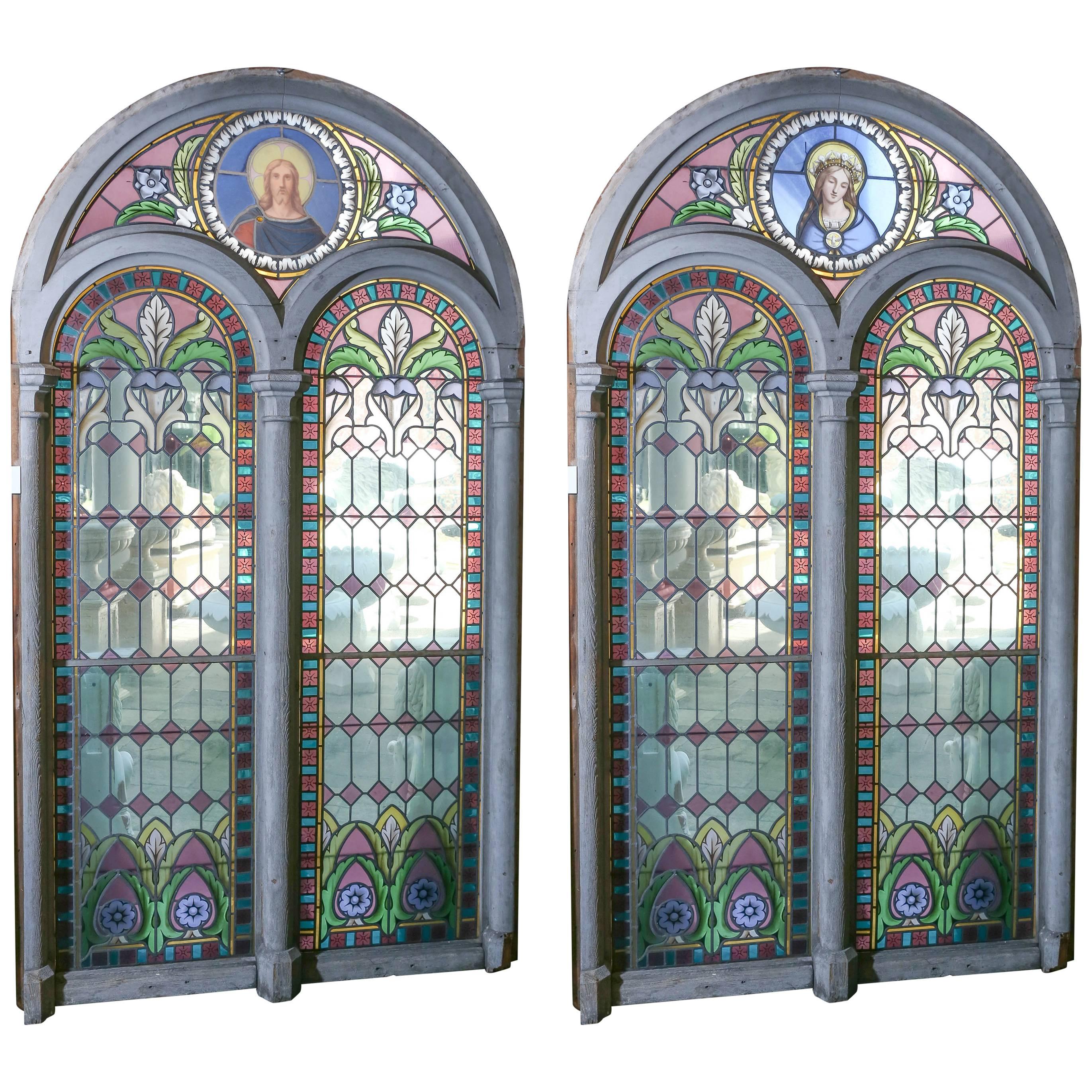 Pair of Large Religious Stained Glass Windows, French