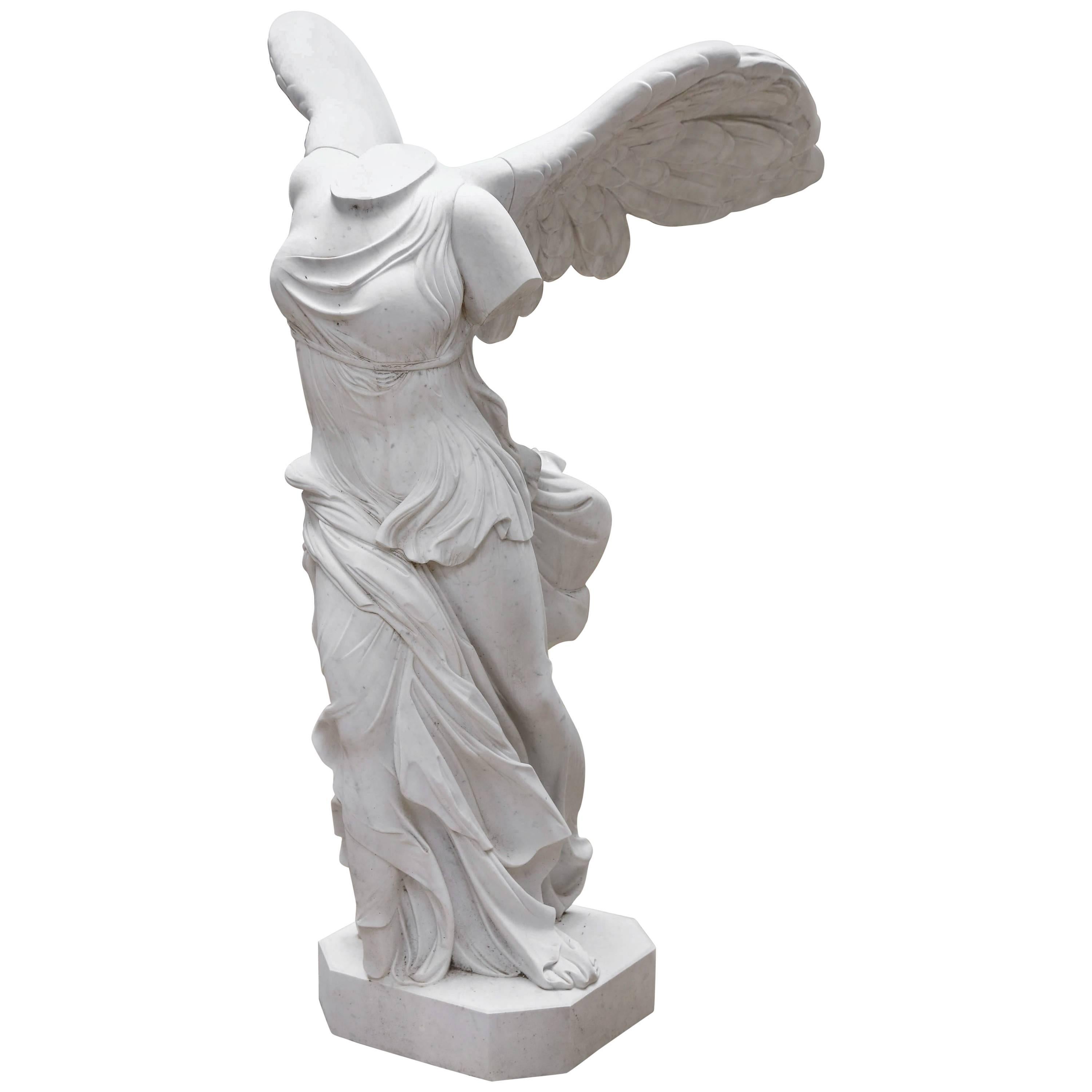 Lifesize Hand-carved White Carrara Marble Statue of Winged Victory, 20th Century