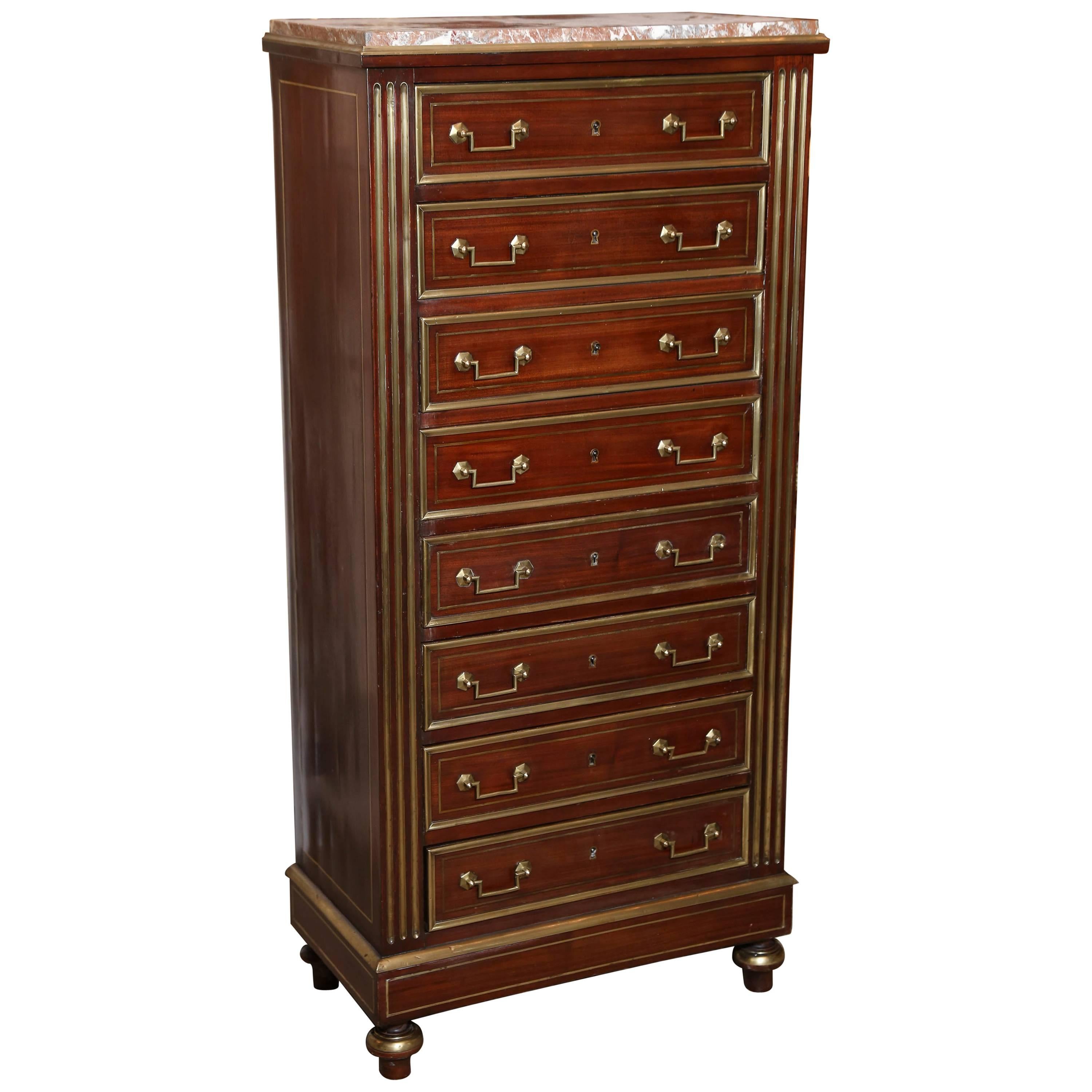 Louis XVI Style Mahogany Marble-Top Tall Chest, Early 20th Century