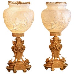 Pair Italian Gilt Bronze and Porcelain Lamps with Foliate Gilt Bronze Garland