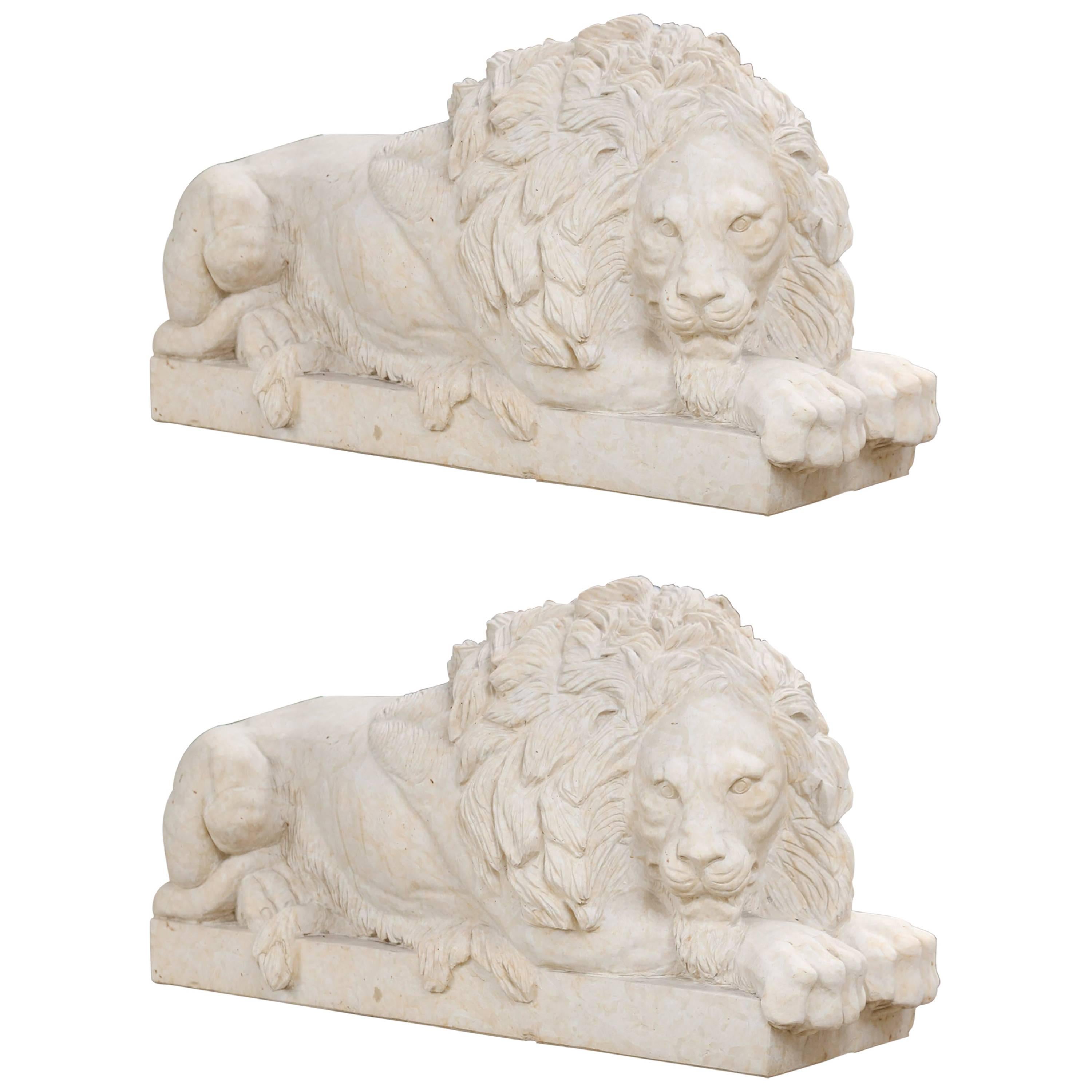 Pair of Large and Impressive Carved Marble Lion Garden Statues on Pedestals