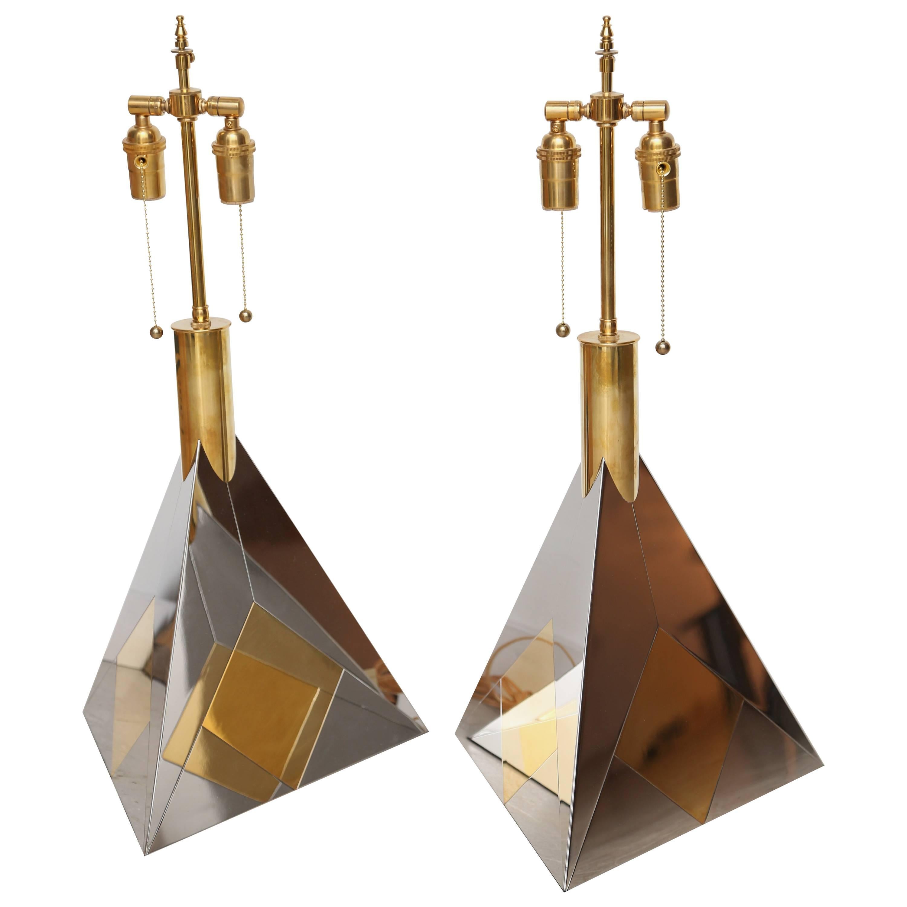 Pair of Vintage Brass and Nickel Pyramid Table Lamps For Sale