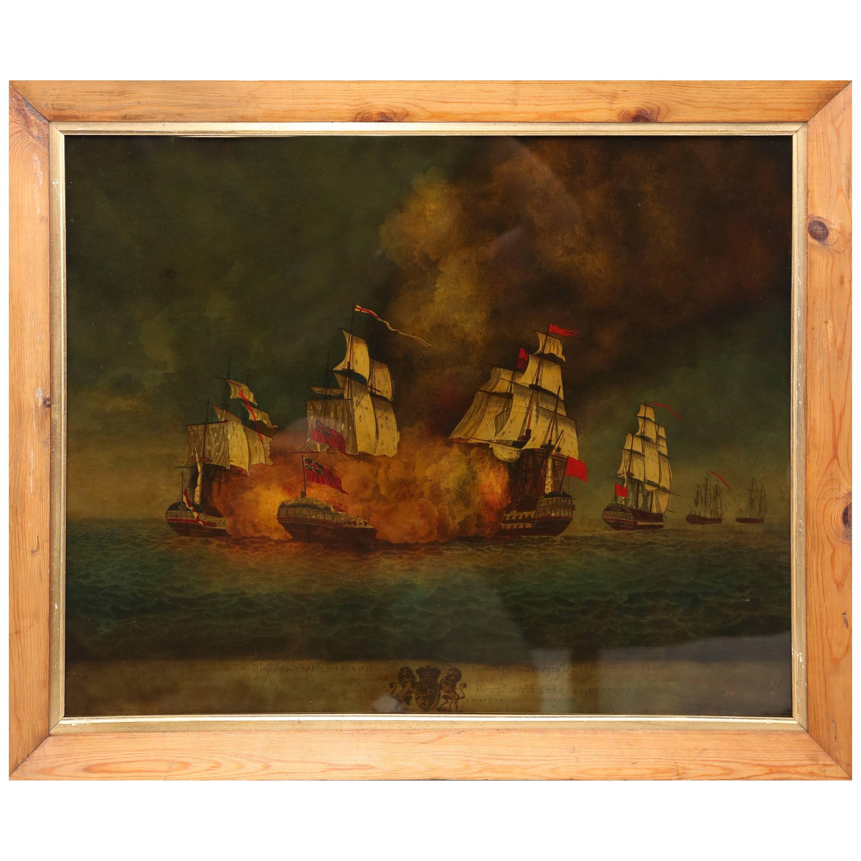 Reverse Painted Ship Painting, Églomisé, Battle of Aix Roads For Sale