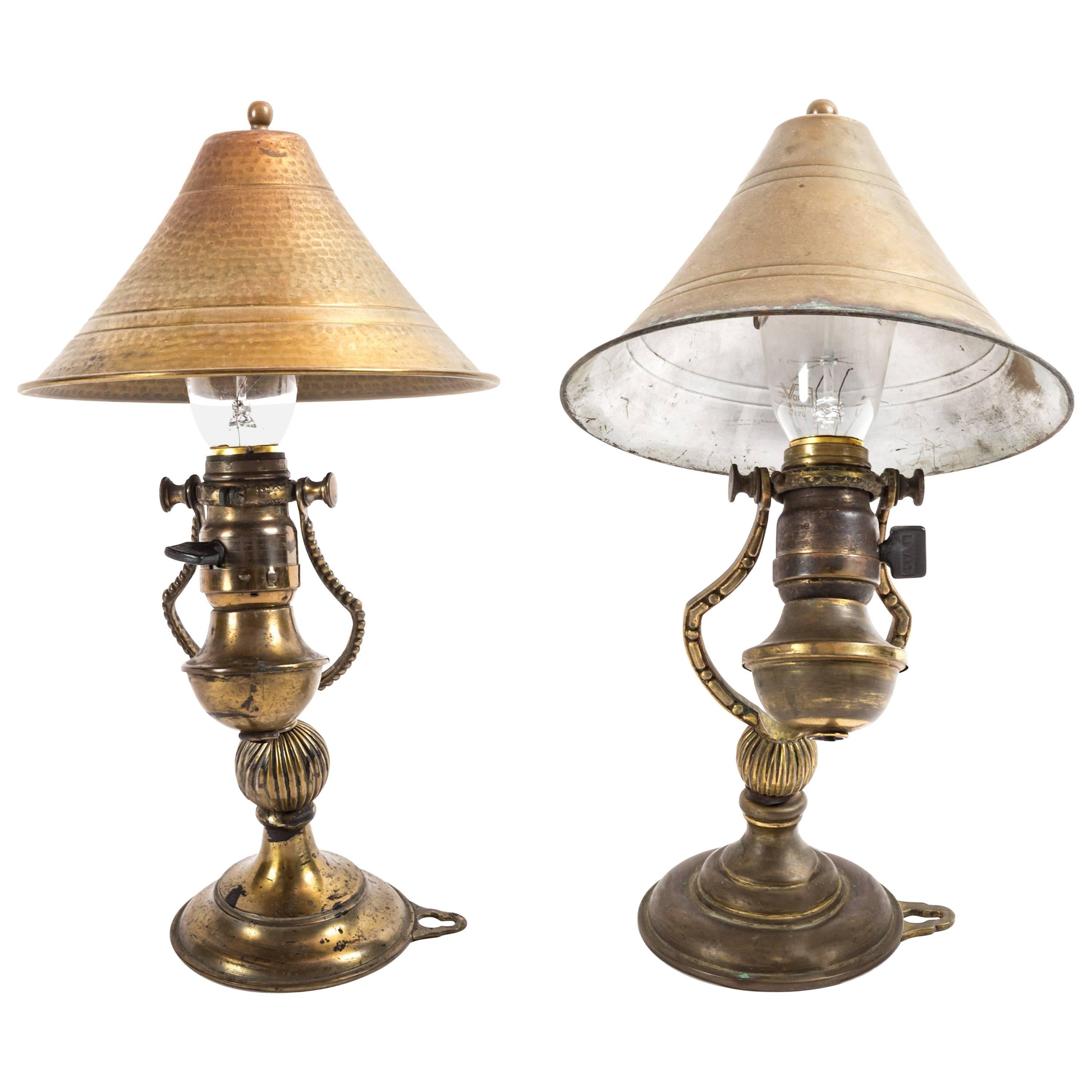 Pair of Aged Brass Wall Sconces with Brass Shades