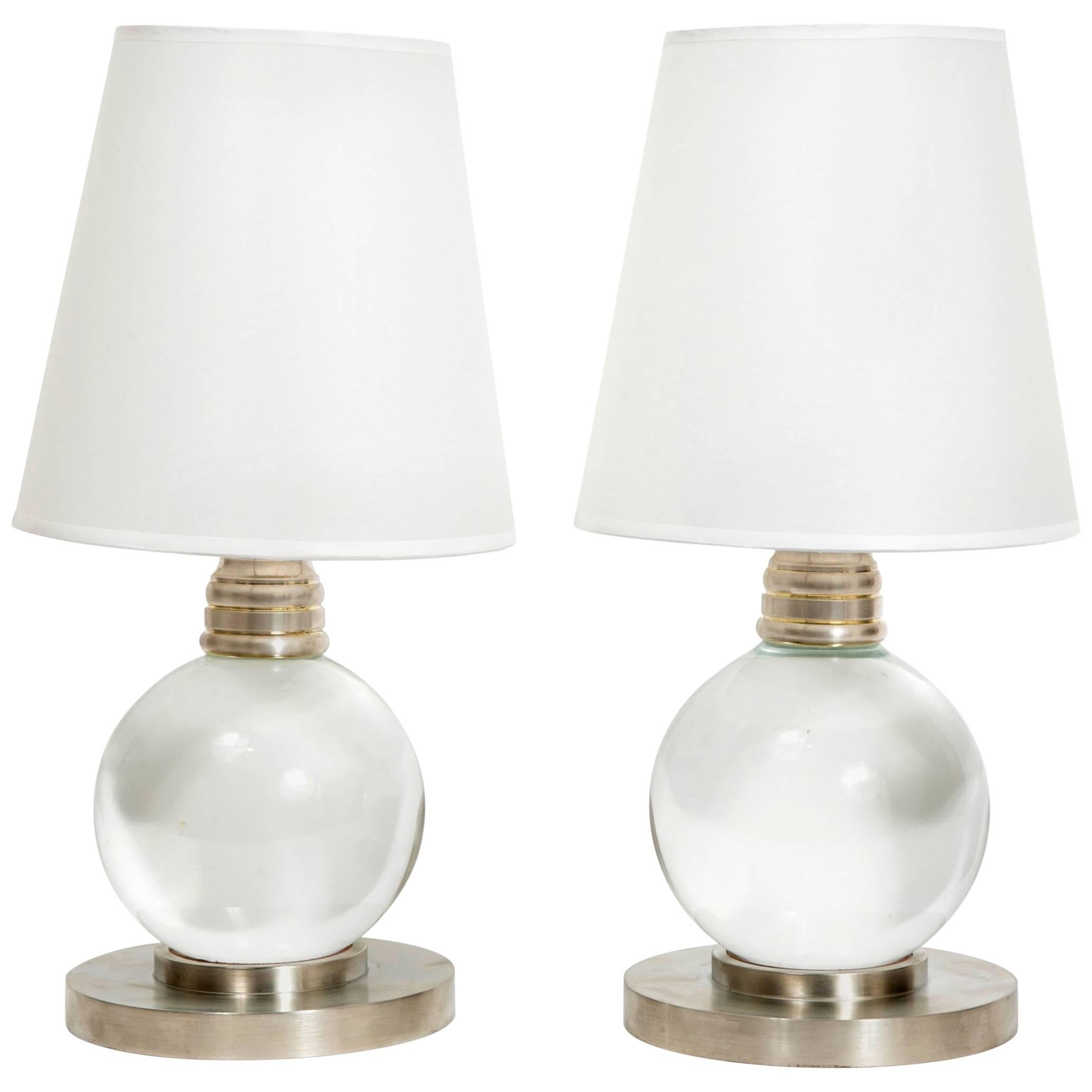 Pair of Art Deco Crystal Ball Lamps by Jacques Adnet