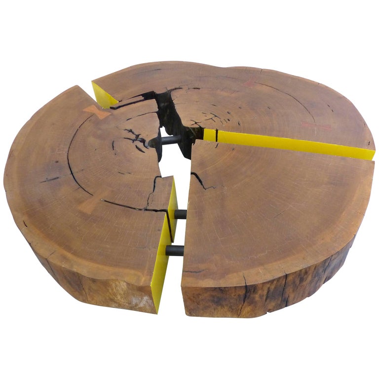 Reclaimed Sculptural Lirio Mirindiba Wood Coffee Table Wheels by