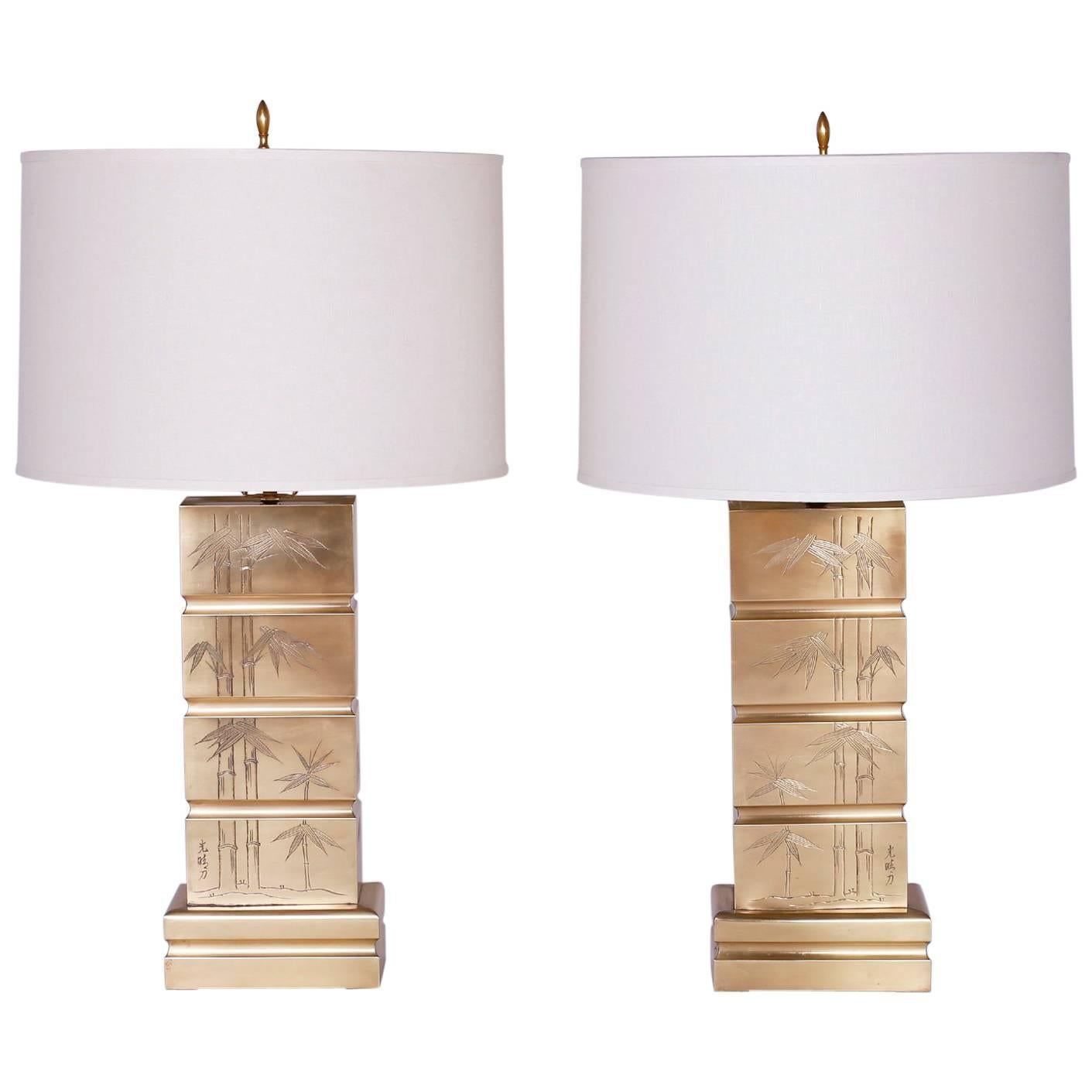 Mid-Century Pair of Brass Table Lamps with Bamboo Motif