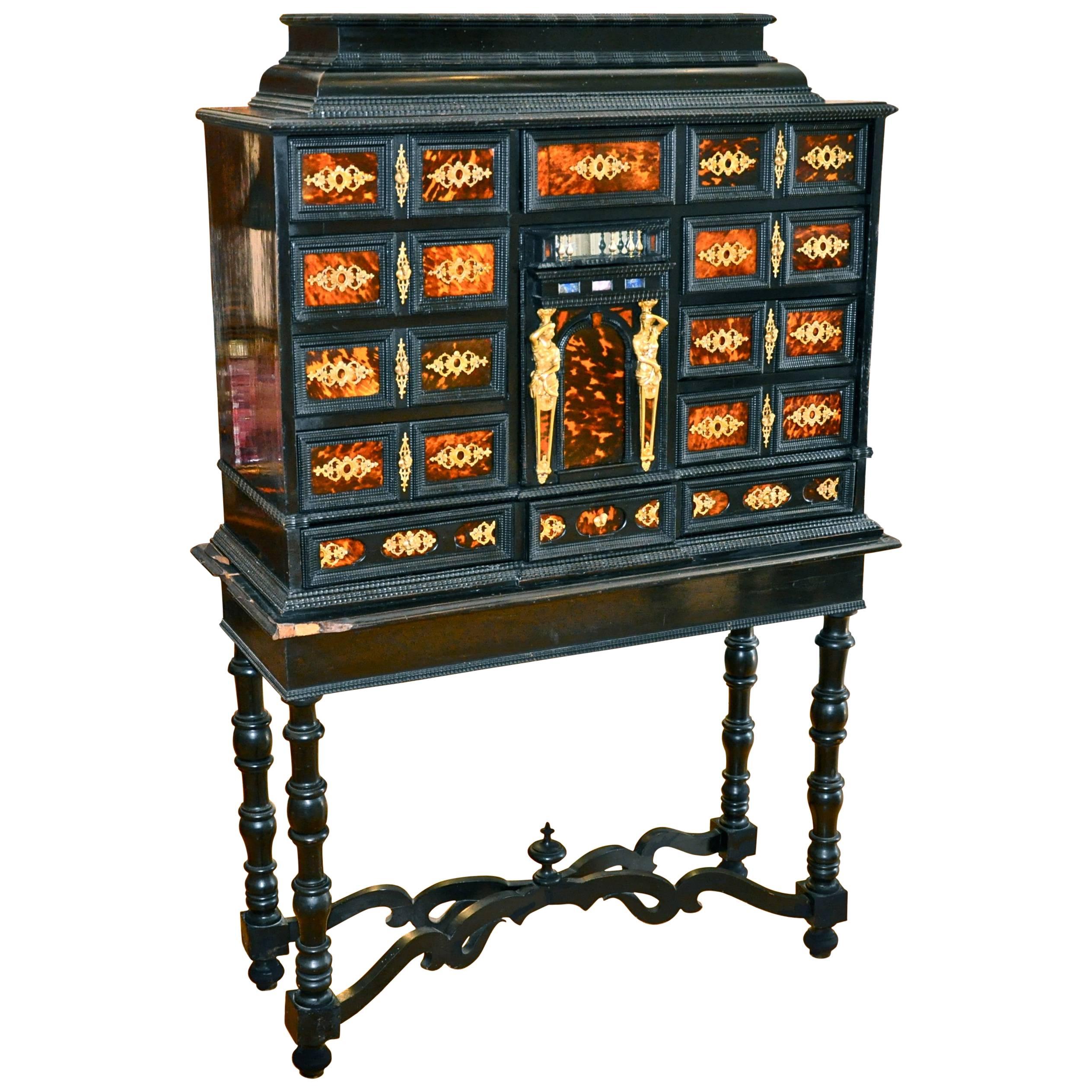 18th Century Italian Ebony and Bronze Vargueno Cabinet