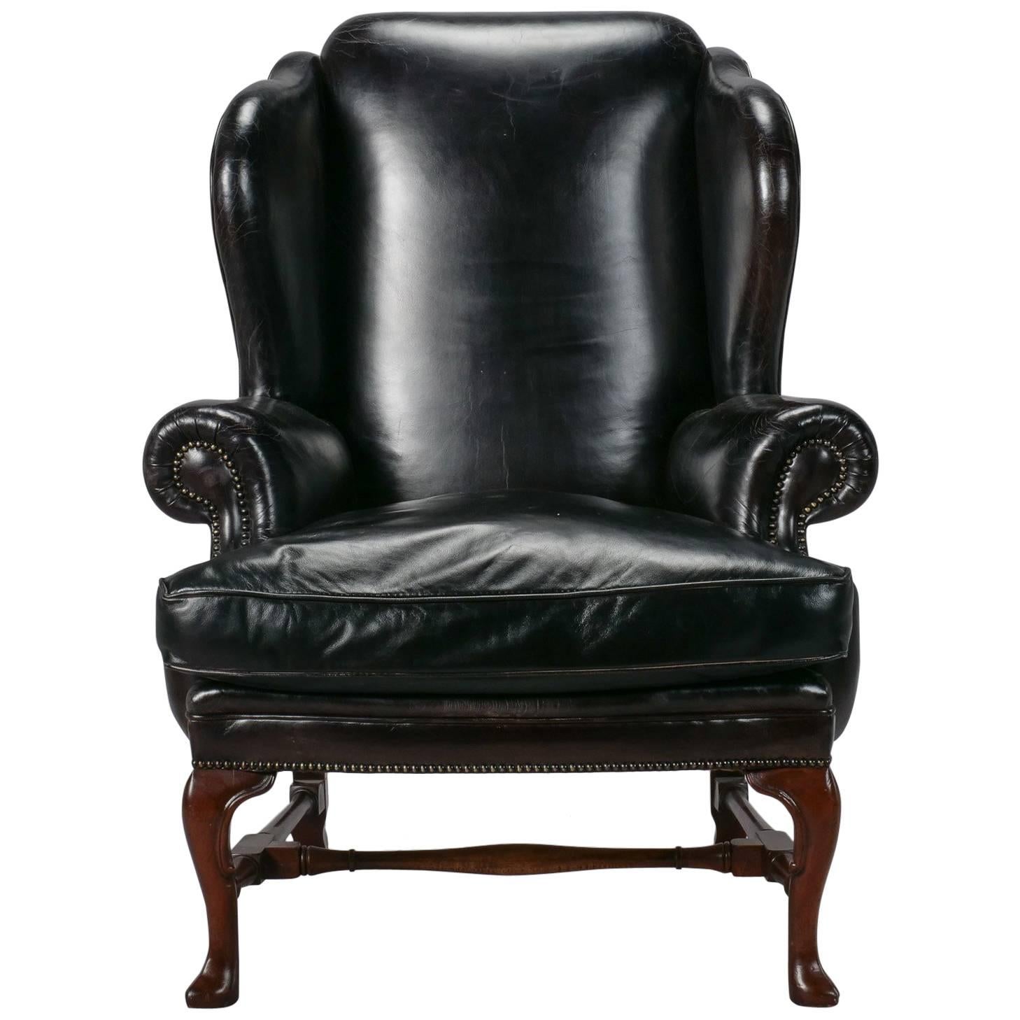 Large English Black Leather Wing Chair