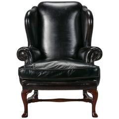 Large English Black Leather Wing Chair 12