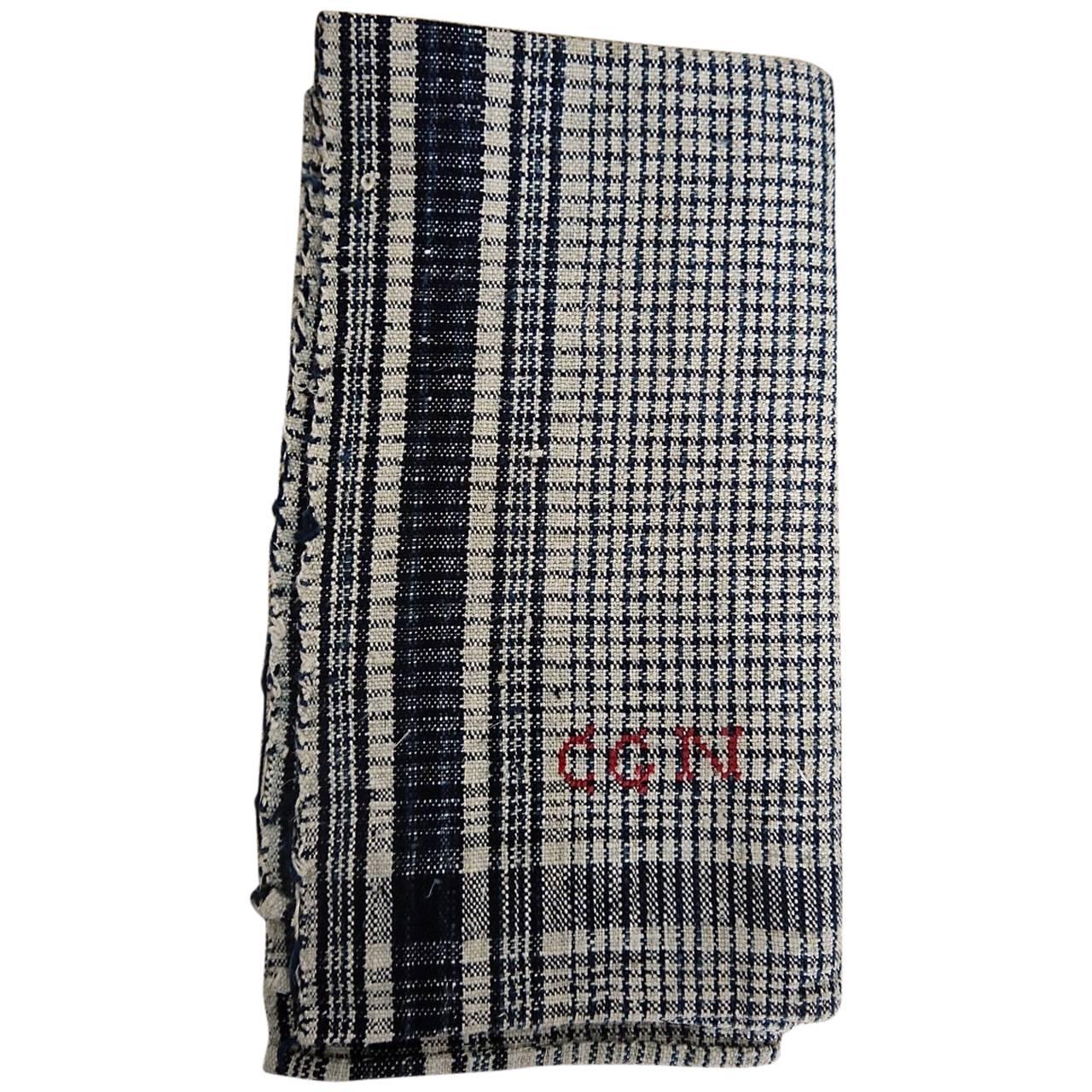French 19th Century Monogrammed Indigo Checked Linen Square For Sale