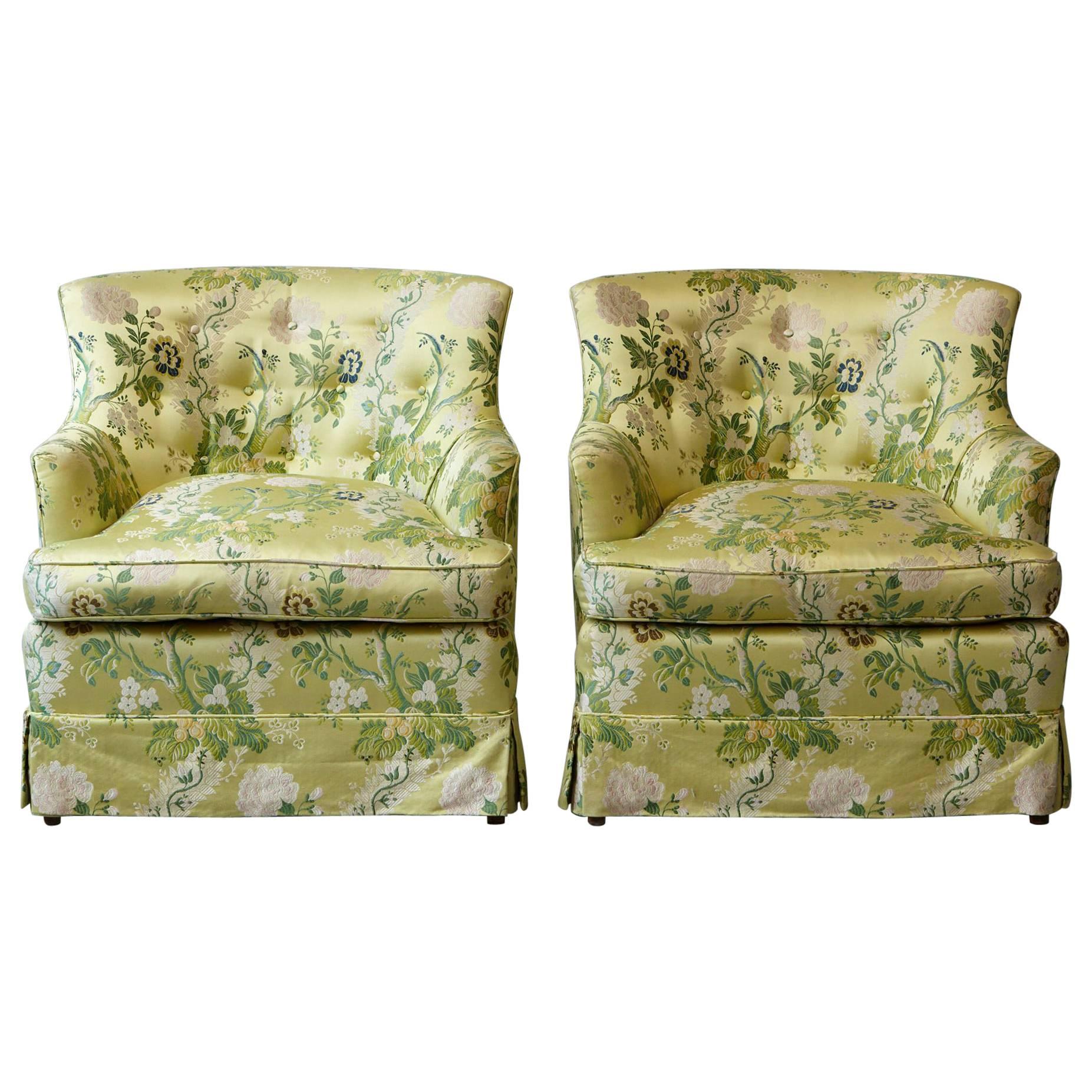 Pair of Lounge Chairs in Lime Green Floral Chintz from ABC For Sale