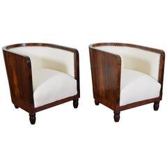 Antique Italian Art Deco Pair of Walnut and Upholstered Barrel Chairs, circa 1930