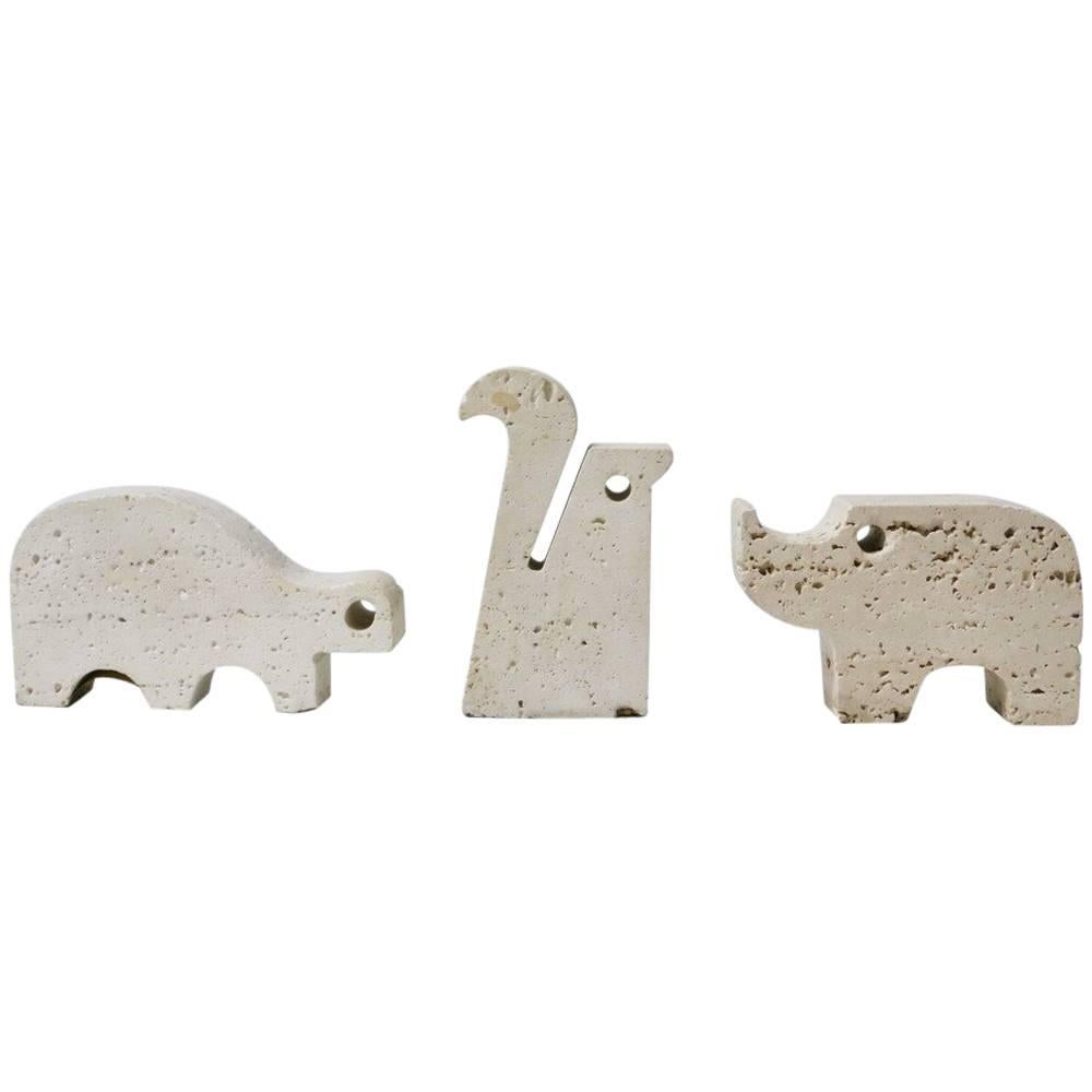 Set of Three Sculptures in Travertine Tortoise, Squirrel, Rhino by Flli Mannelli