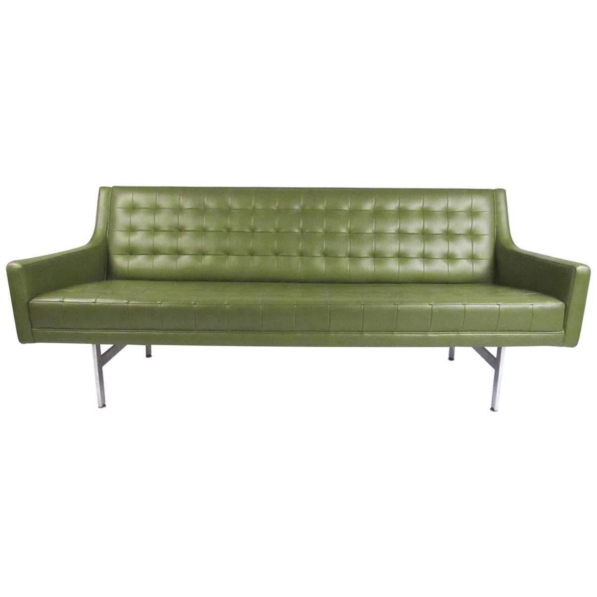 Stylish Vintage Modern Sofa in Tufted Green Vinyl