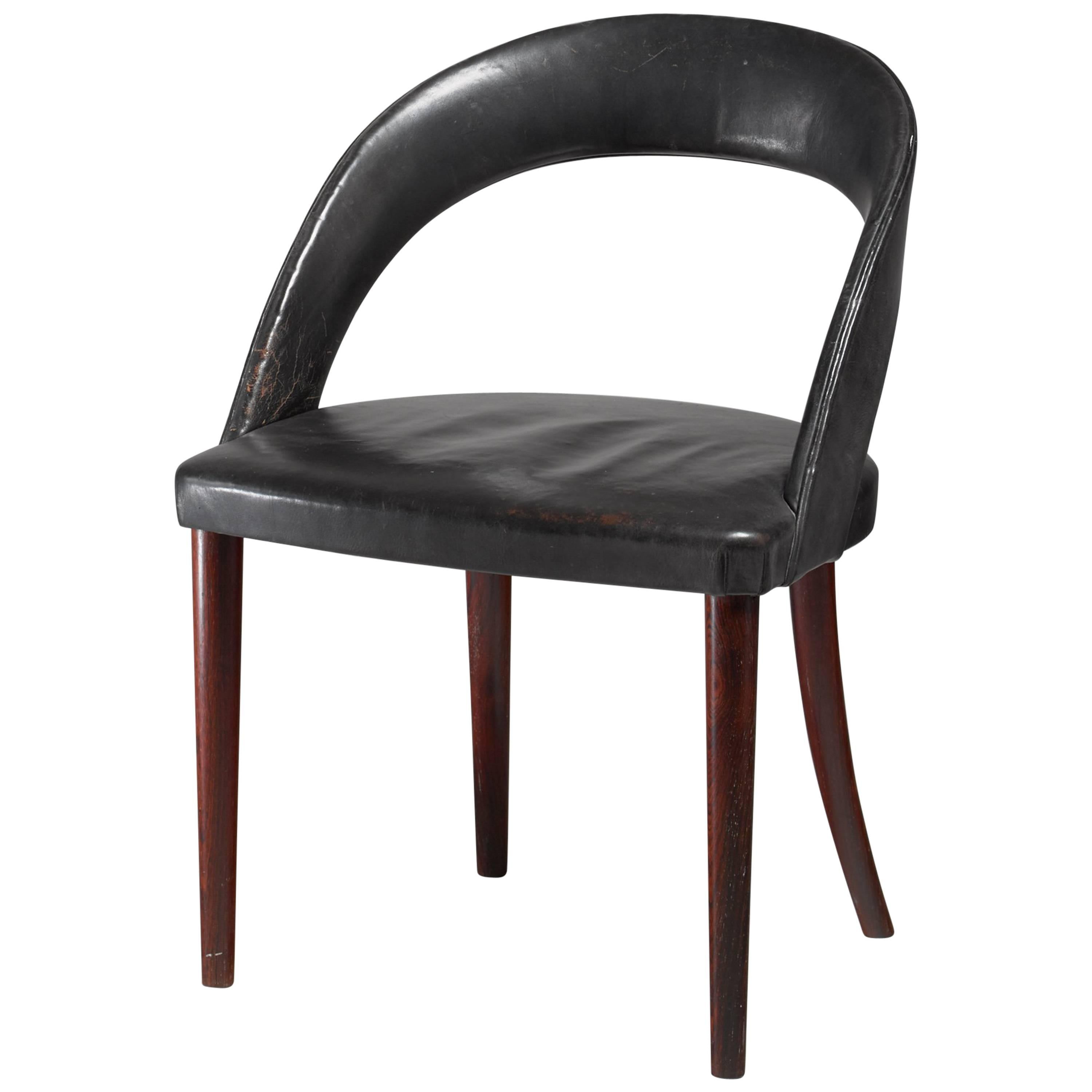  Frode Holm Rosewood and Black Leather Vanity Chair, Denmark, 1950s For Sale