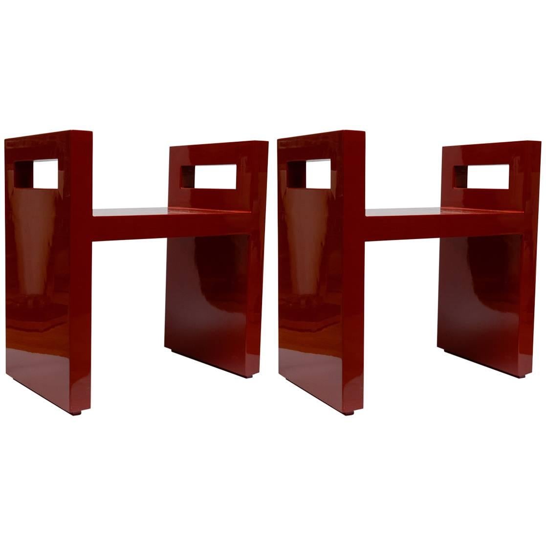 Pair of Benches in Wood Lacquered in Red