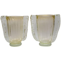Pair of Vases in Clear and Gold Murano Glass Signed Costantini