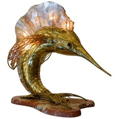 Retro Unique Brass Mica and Marble Swordfish Lightning Sculpture