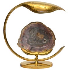 Brass Leaf and Petrified Wood Sculptural Table Lamp by Henri Fernandez