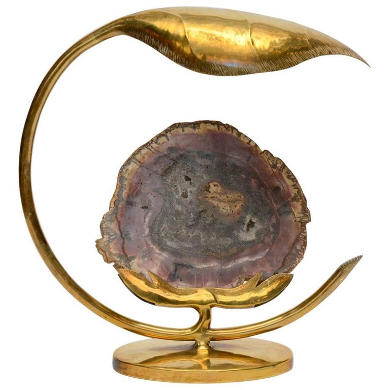 Brass Leaf and Petrified Wood Sculptural Table Lamp by Henri Fernandez For  Sale at 1stDibs