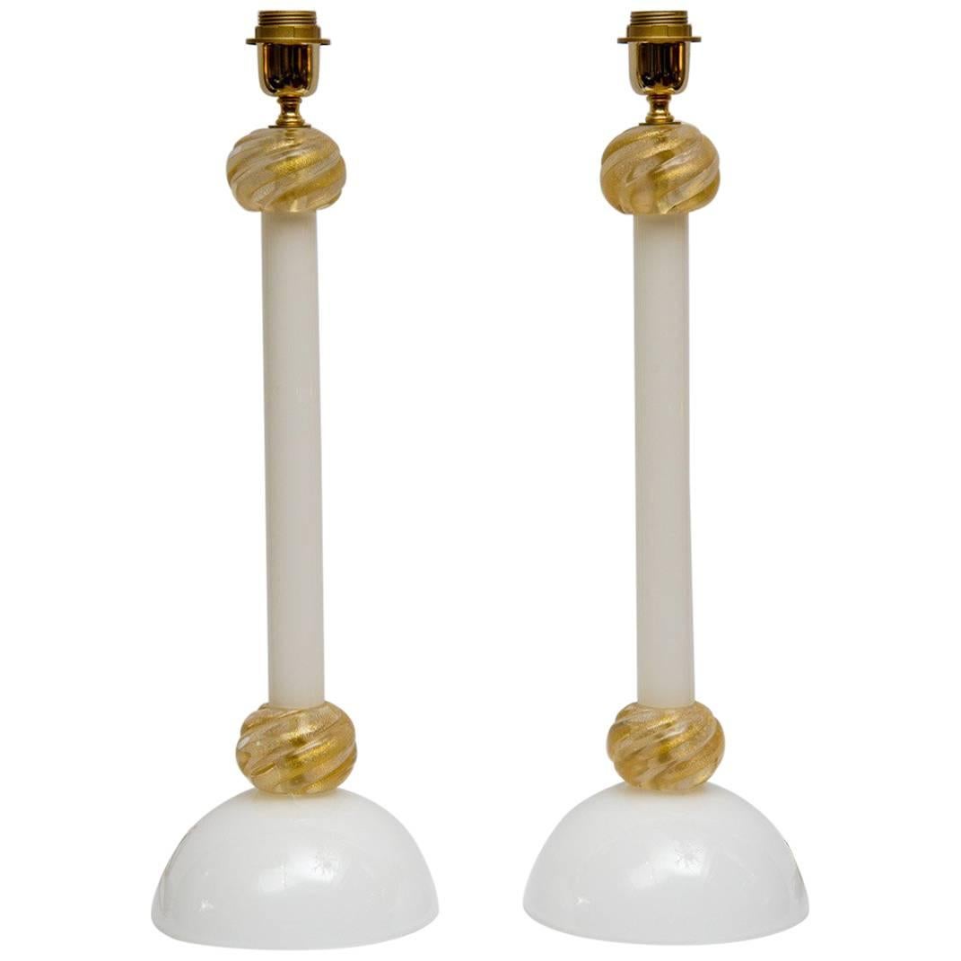 Pair of Table Lamps in White and Gold Murano Glass